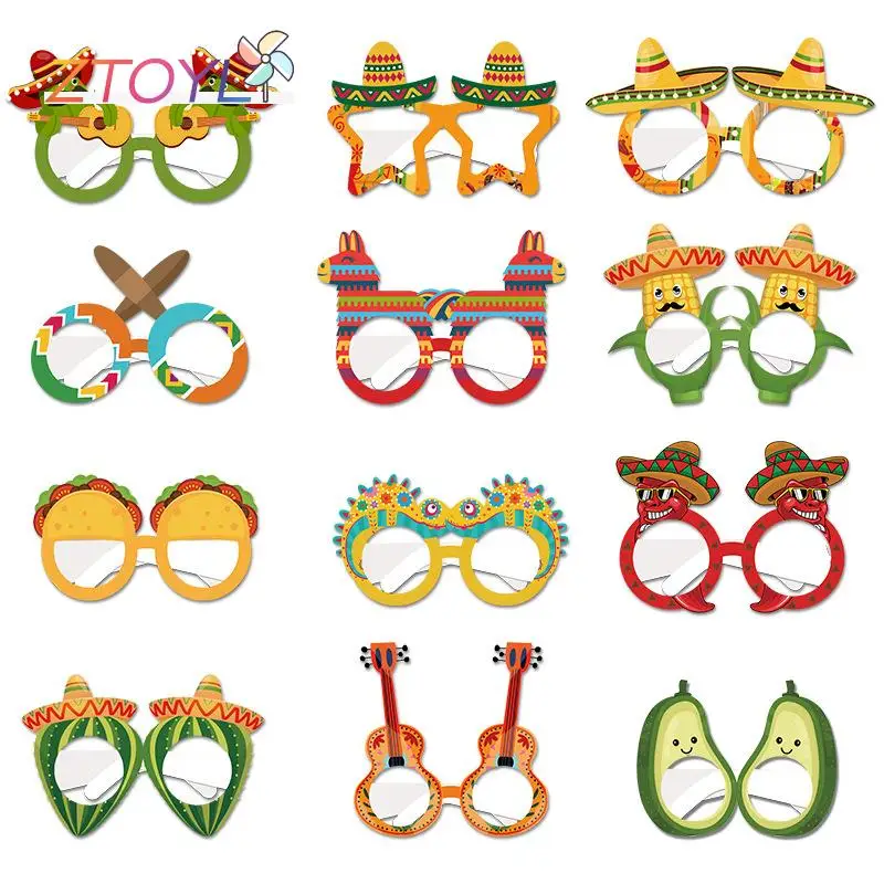 

1set Mexican Theme Party Paper Glasses Cinco De Mayo Hat Headband Supplies Dia De Muertos Party Photo Props Sombrero Hairband