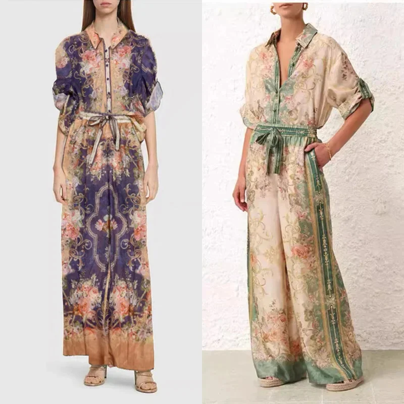

French Printed Shirt Pants Set Women Loose Satin Lapel Single Breasted Shirts Lace Up Trousers Suit 2024 Ladies Casual Outfits