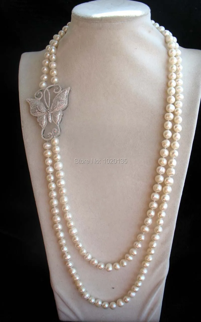 

2rows freshwater pearl white near round 8-9mm and butterfly clasp necklace 24-26inch fashion