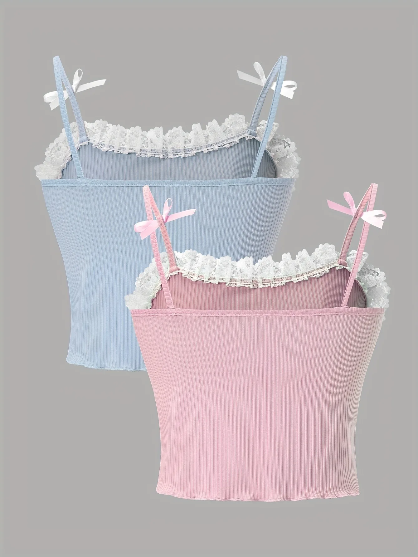 Girls 2-Pack Lace Trim Bow Detail Ribbed Cami Crop Tops Coquette Aesthetic Summer Tank Tops - 2