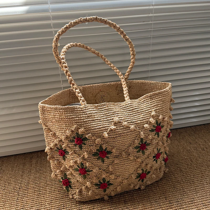 Bohemian Flower Straw Bag Handbag Summer Raffia Beach Bags for Women Shoulder Bag Handmade Bali Travel Woven Rattan Bags Tote