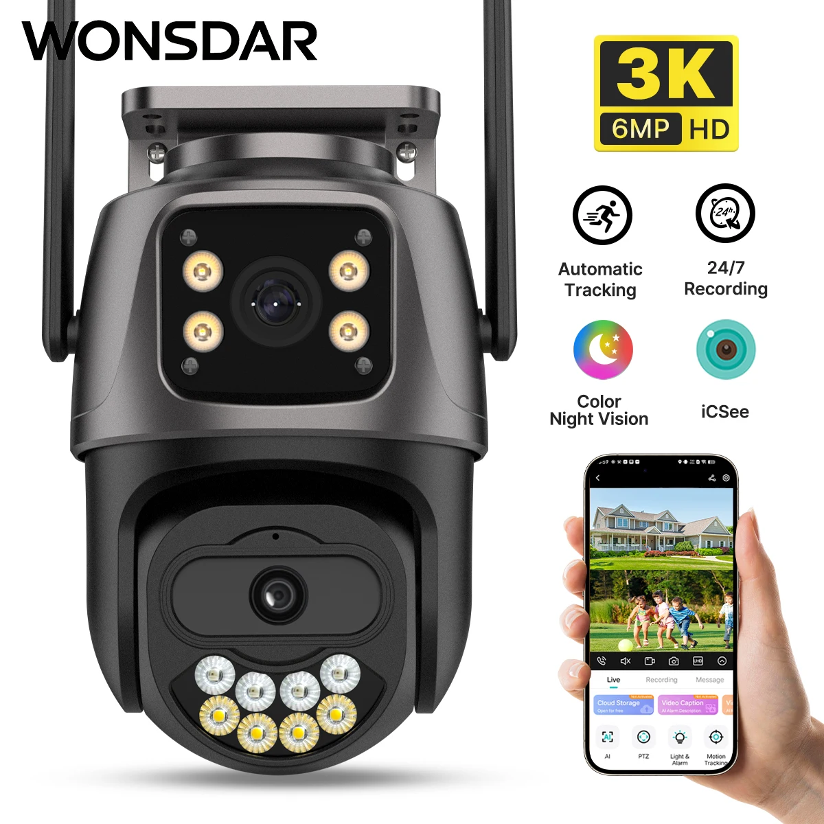 WONSDAR 3K WLAN-Kamera für den Außenbereich, Dual-Objektiv, Dual-Bildschirm, PTZ IP-Kamera, Sicherheitskamera, automatische Verfolgung, Zwei-Wege-Audio, HD-Nachtsicht in Farbe, iCsee