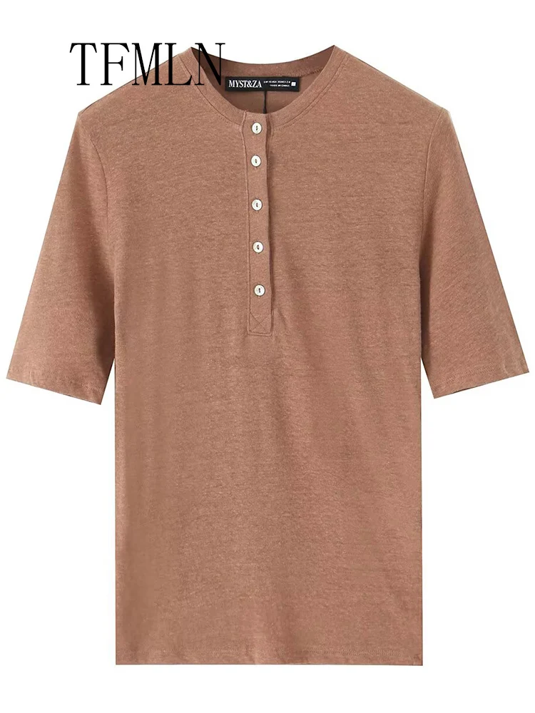 TFMLN 2025 Summer Women Solid Causal T-Shirt Fashion O-neck Short Sleeve Translucence Chic Tops High Street Girls Button Shirts