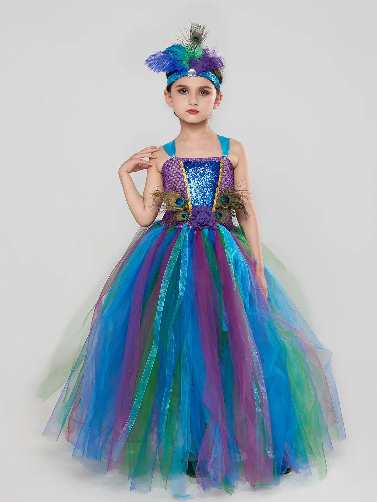 

Girl Pageant Tutu Dress Fancy Peacock Feather With Headband Children Kids Birthday Party Wedding Ball Gowns Trailing Tulle Dress