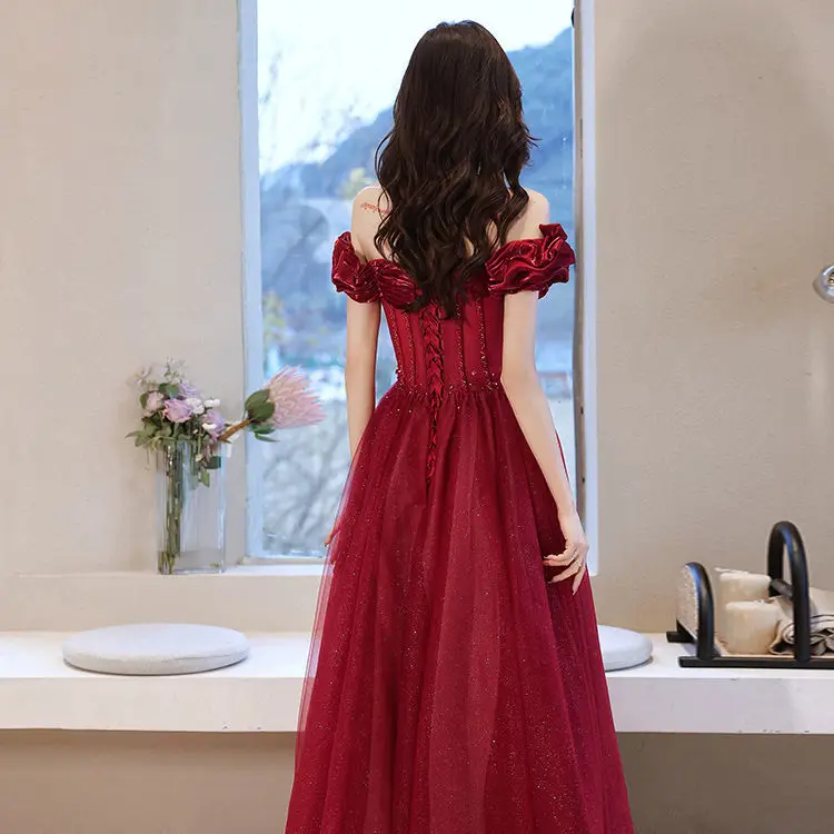New wine sweat off shoulder lady girl women princess bridesmaid banquet prom party performance dress gown
