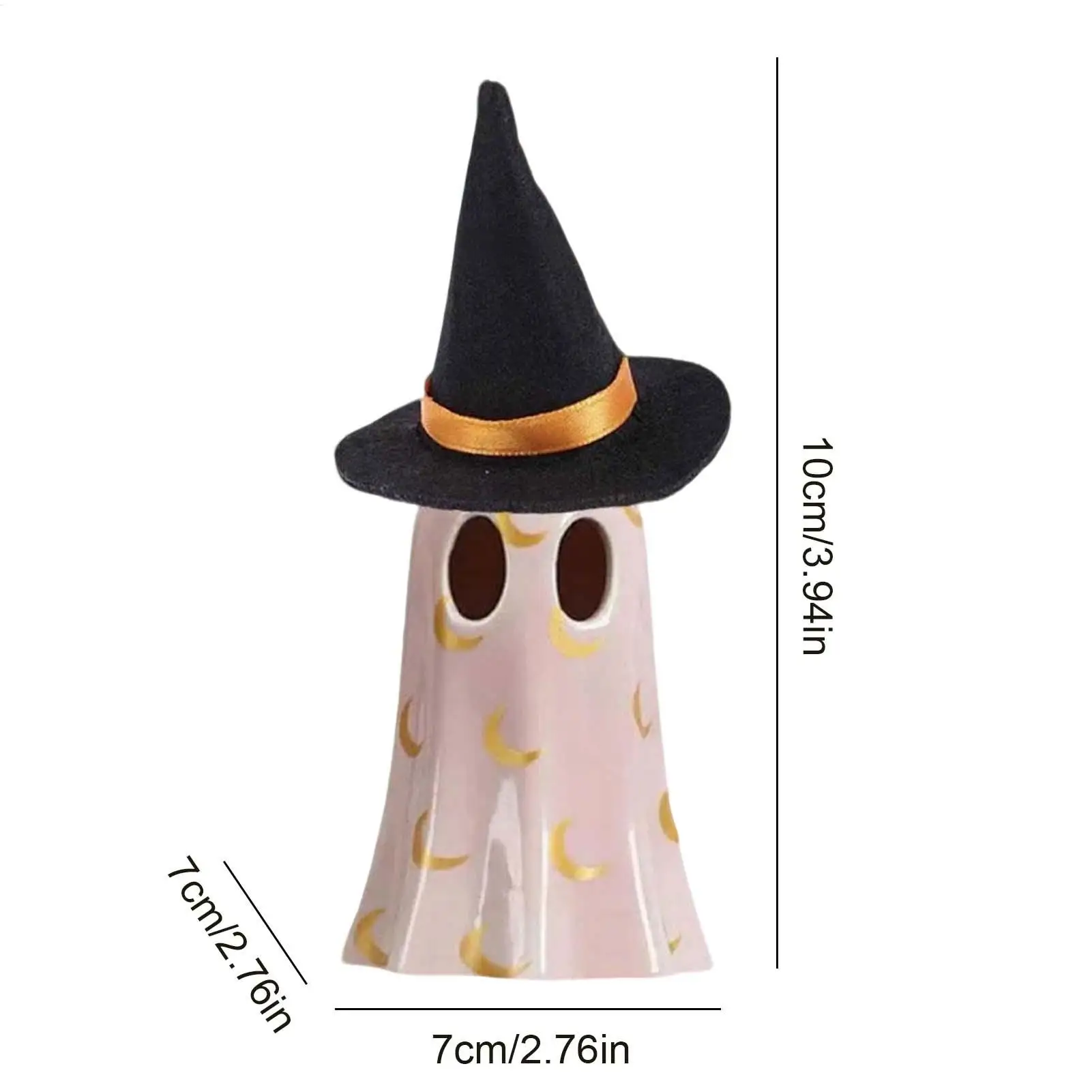 Halloween Ghost Figurine Decorative Halloween Desktop Sculpture Decorative Resin Light Up Ghost Wearing Witch Hat Sculpture For