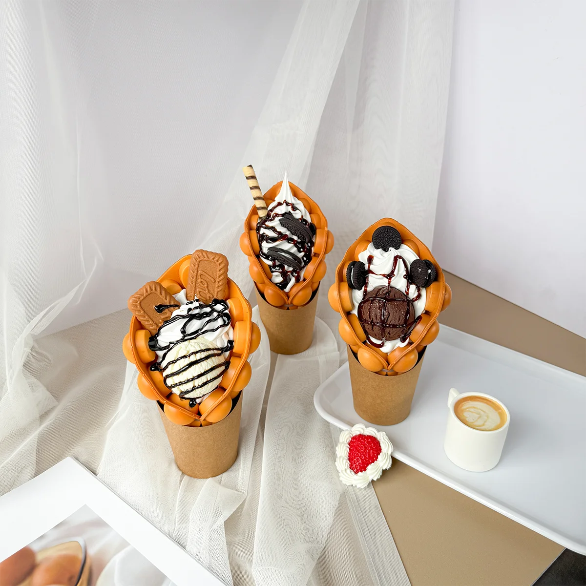 Fake Food Simulation Props Sample Display Egg Chocolate Bubble Waffle Porp Ice Cream Colorful Raspberry Lifelike Hongkong Lotus