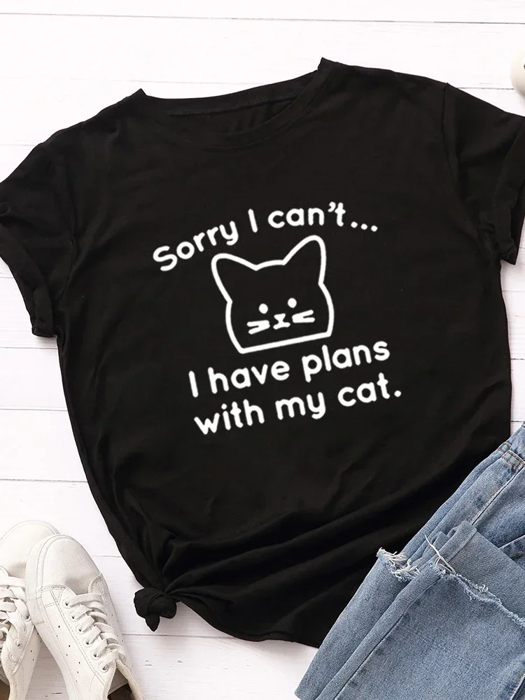 

Women Short Sleeve O Neck Loose Tshirt Summer Women Causal Tee Shirt Tops Camisetas Mujer I Have Plan with My Cat Print T Shirt