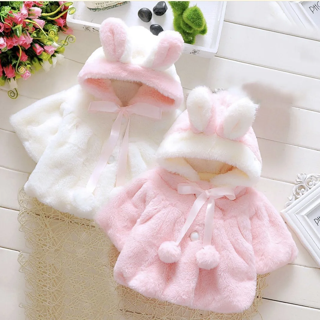 Baby Winter Clothes Winter With Rabbit Ears Cap Solid Color Plush Girls' Clothes Cute Warm Children's Outerwear