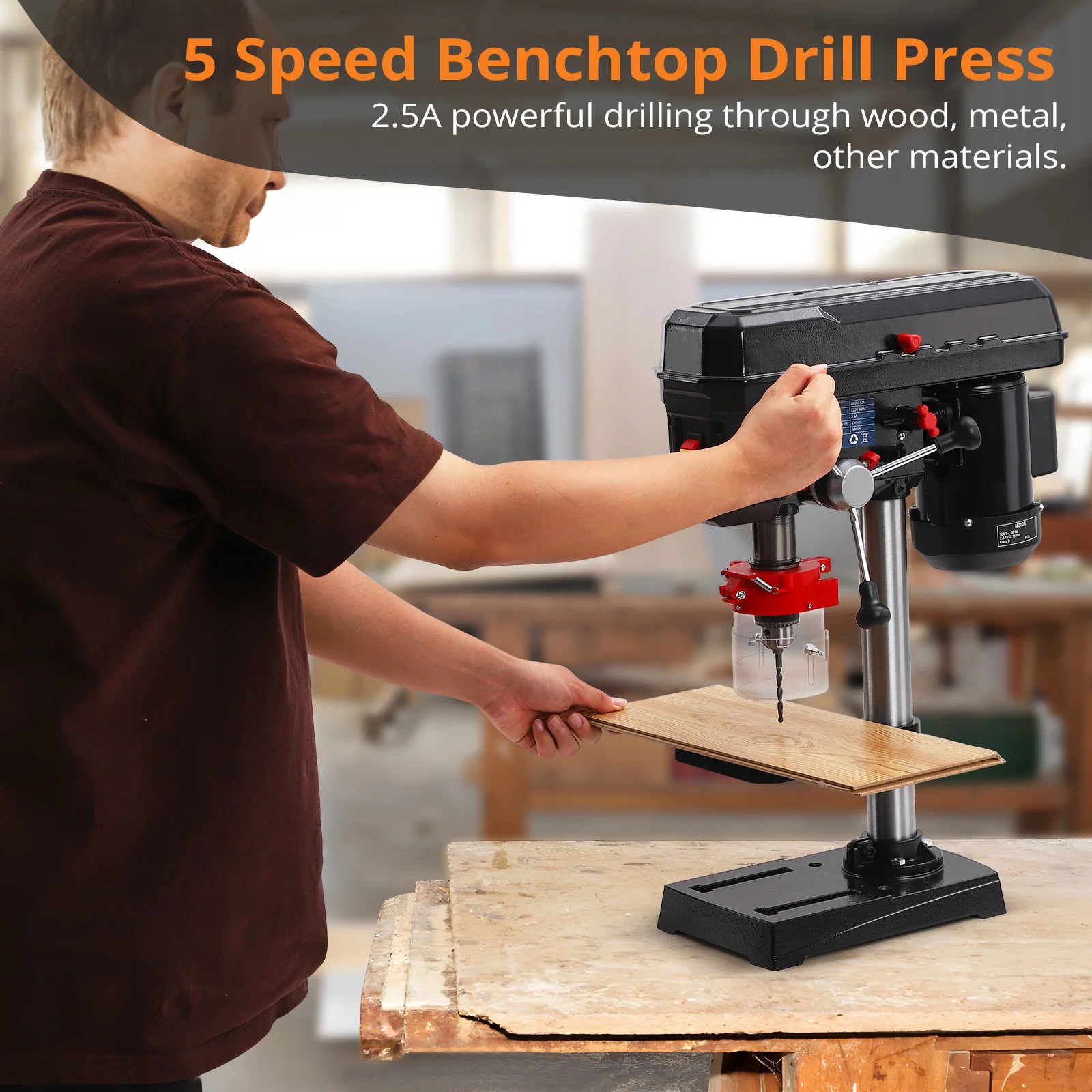 Benchtop Drill Press, 2.5Amp Benchtop Drill Machine with 5 Speed Adjustable, 8 Inch Swing Distance 0-45° Tiltling Tabletop 6