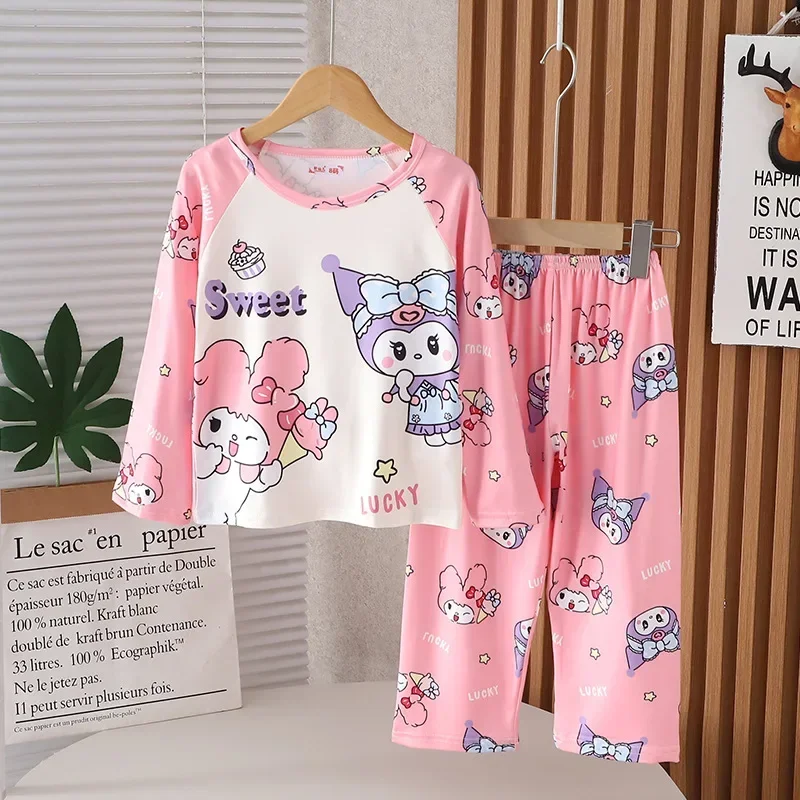 Anime Sanrio Pochacco Cinnamoroll Kuromi Children Loungewear My Melody Spring Autumn Long Sleeve Round Neck Girls Nightwear Set 2