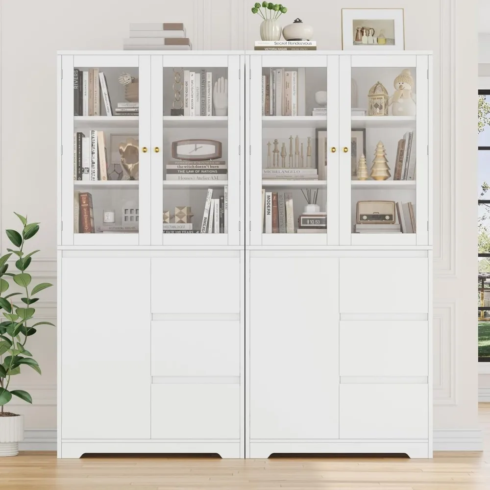 71" Large Bookcase with Glass Display Cabinet and 3 Tier Wide Book Shelves, Tall Bookshelf with 3 Storage Drawers,China Cabinet 6