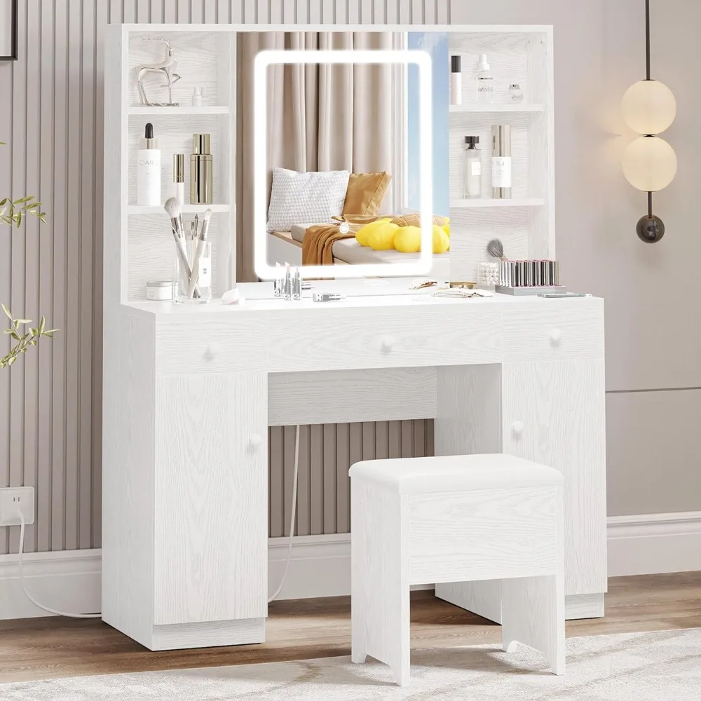 

IRONCK Vanity Desk Set with Large LED Lighted Mirror & Power Outlet, 7 Drawers Vanities Dressing Makeup Table with Storage