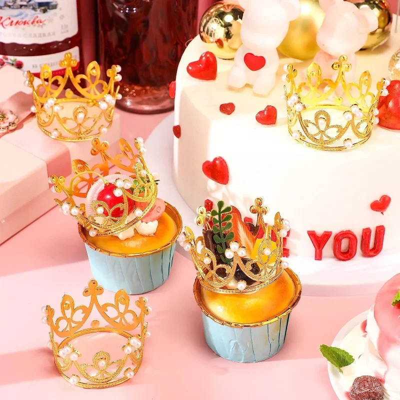 Gouden Mini Kroon Cake Decoratie Cupcake Topper Prinses Parel Tiara Kids Haarversieringen Bruiloft Verjaardagsfeestje Taart Decoratie