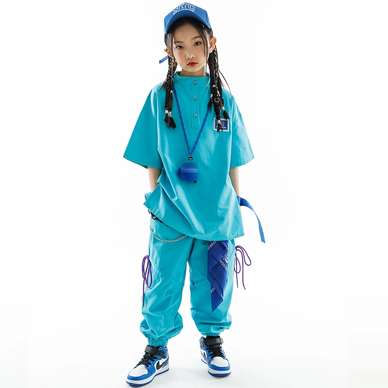 Kids Hip Hop Clothes Girls Loose T Shirt Pants Blue Suit Boys Street Dance Costume Kpop Concert Performance Wear BL10590