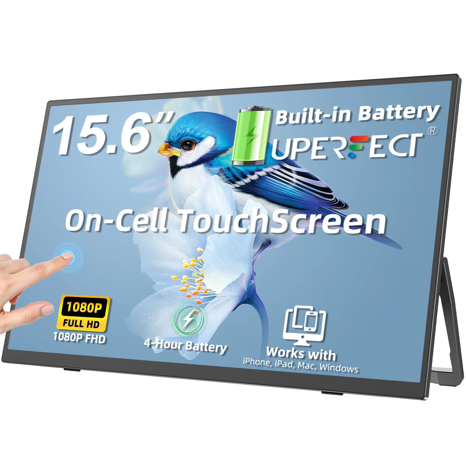 UPERFECT 터치 건전지 휴대용 감시자 8000mAh 15.6 USB-C & 소형 HDMI VESA 여행을 가진 1080P 100%sRGB FHD 노트북 윈도우 맥 안드로이드 아이오스를 위한 두 번째 스크
