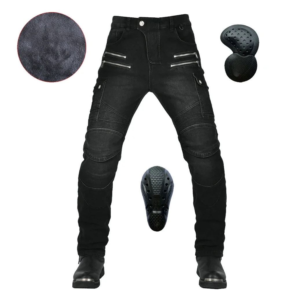 

Plus Velvet Thicken Men Motorcycle Riding Pants Motocross Racing Jeans Cycling Trousers with 4X CE Armor Upgrade Knee Hip Pads