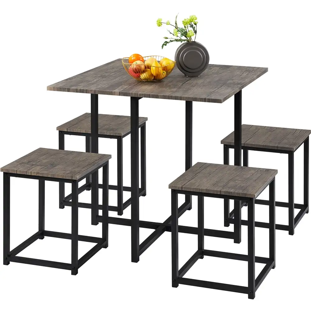 

Easyfashion 5Pcs Dining Set with Industrial Square Table and 4 Backless Chairs, Drift Brown