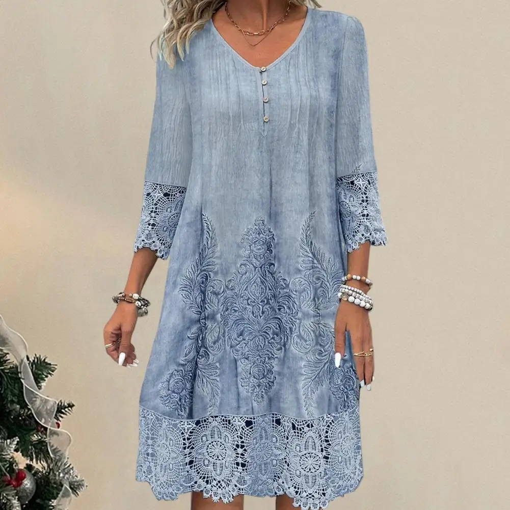 

Spliced Pleat Detail Dress Elegant Lace Embroidered V Neck Midi Dress for Women Vintage Style Knee Length Summer Dress