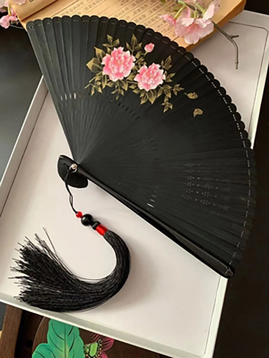 Chinese Style Folding Hand Fan, Floral Patterns, Summer Dancing Party Hanfu, Wedding Decoration for Girls, Women