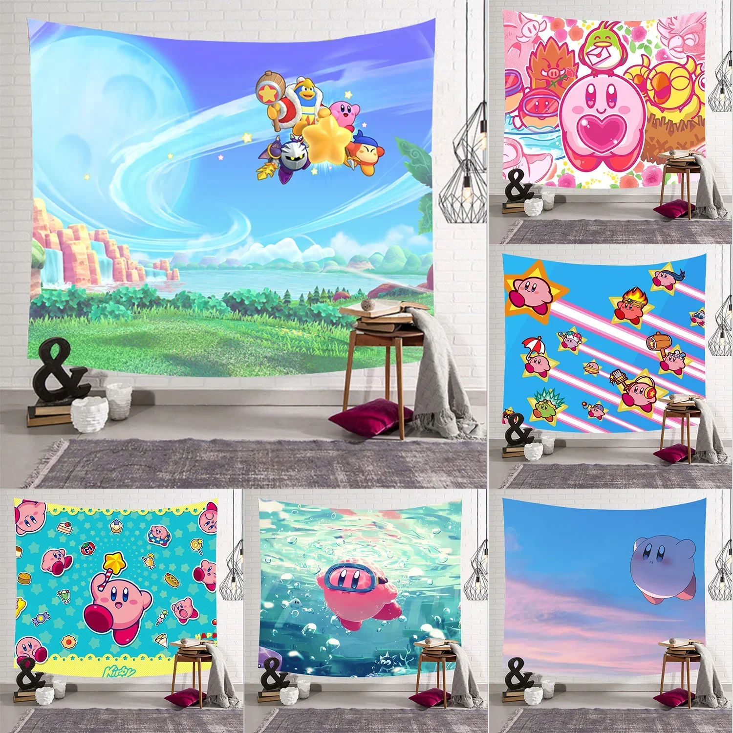 Kirby Tapestry Anime Cute Wall Hanging Cloth Cartoon Cute Birthday Decoration Photo Prop Room Background Per Bambini Regalo Per Adulti