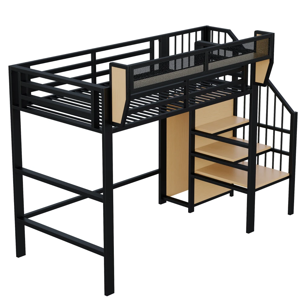 Schwarzes, robustes Metall-Hochbett 90x200cm mit Sicherheitsleiter & Staufächern, Bett für Kinder und Erwachsene, rutschfester, stabiler Rahmen – Detail 5