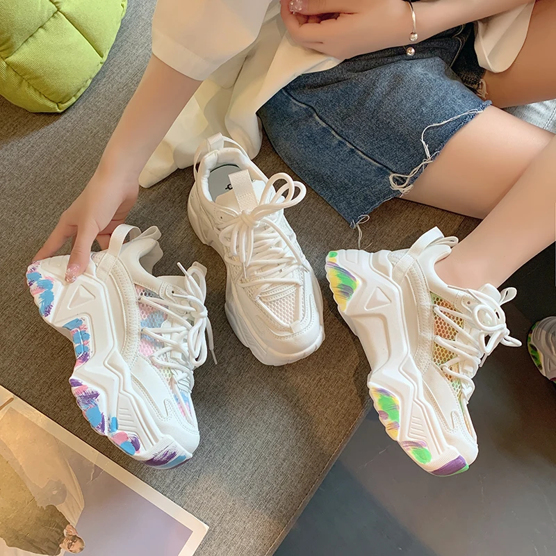 

Женские кроссовки на толстой платформе, Белые Повседневные кроссовки на массивной подошве, черные, 2023