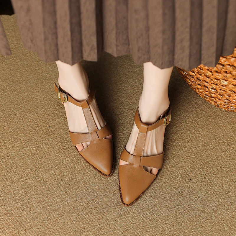 New Women Sandals Pointed Toe Thick Heels Genuine Leather Pumps Office Spring Summer Fashion Concise Slingbacks Shoes Woman