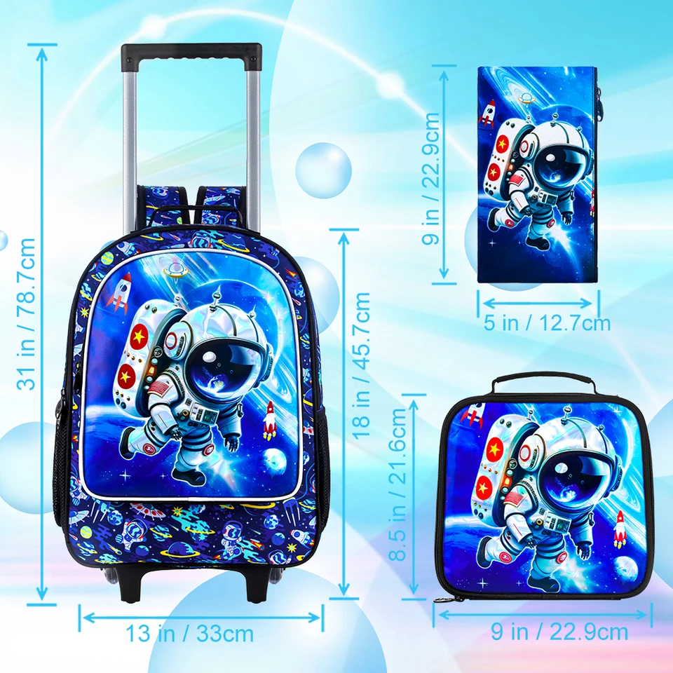 Egchescebo Astronaut Rolling Backpack For Kids - 3-Piece Set With Lunch Box & Pencil Case, Wheeled Travel Bag For Boys