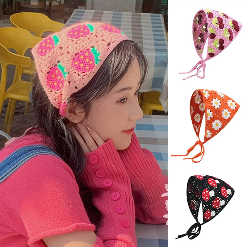 

Korean Style Mushroom Strawberry Handmade Crochet Hollow Triangle Headband Towel Sweet Cute Strap Hair Bag Headscarf Hat