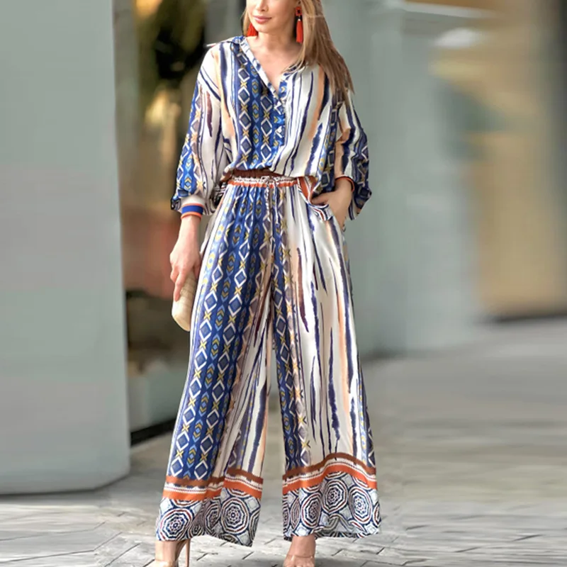 

Beach Outfits For Women Bath Exits Pareo Cover Up Ups Summer Dress Outlet Printed Lapel Long Sleeved Straight Leg Pants Fashion
