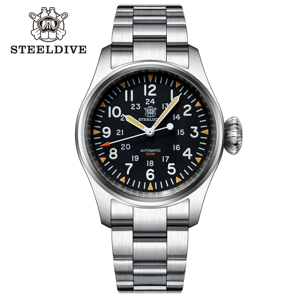 STEELDIVE 브랜드 SD1928H 블랙 다이얼, 39mm 스테인리스 스틸 케이스, NH35 자동 무브먼트, 10mm 크라운 파일럿 시계, 200m 방수