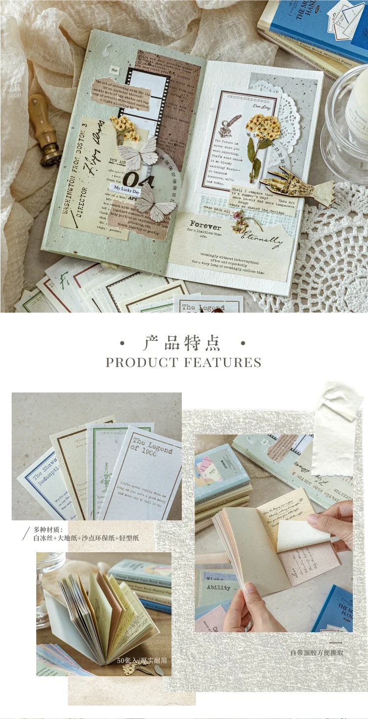 50 Blatt Dekor Scrapbook Vintage Materialien Papier Combo Kit DIY Junk Journal Collage Fotoalbum Retro Hintergrundpapier – Detail 17