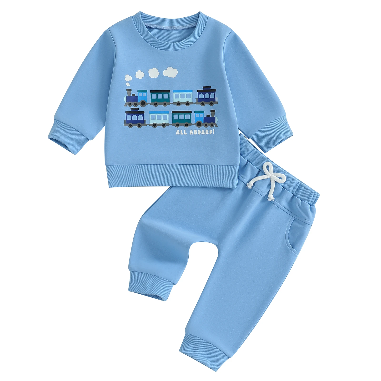 Toddler Boy Fall Outfits Letter Train Print Long Sleeve Round Neck Pullover Elastic Waist Solid Pants 2 Pcs Set