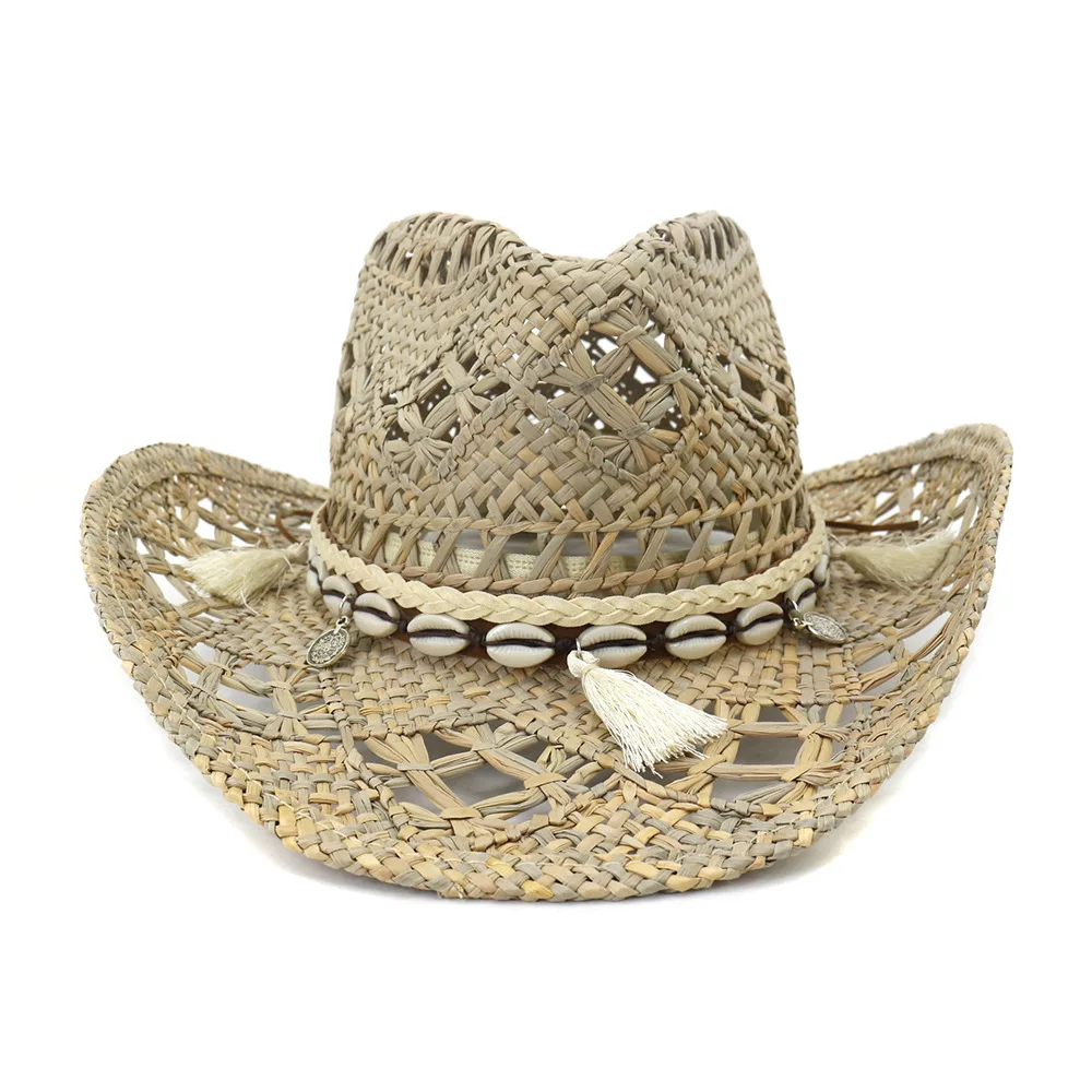 Chapeau de cowboy occidental pour hommes et femmes, tissé à la main, creux, été, extérieur, plage, soleil, paille  200000297