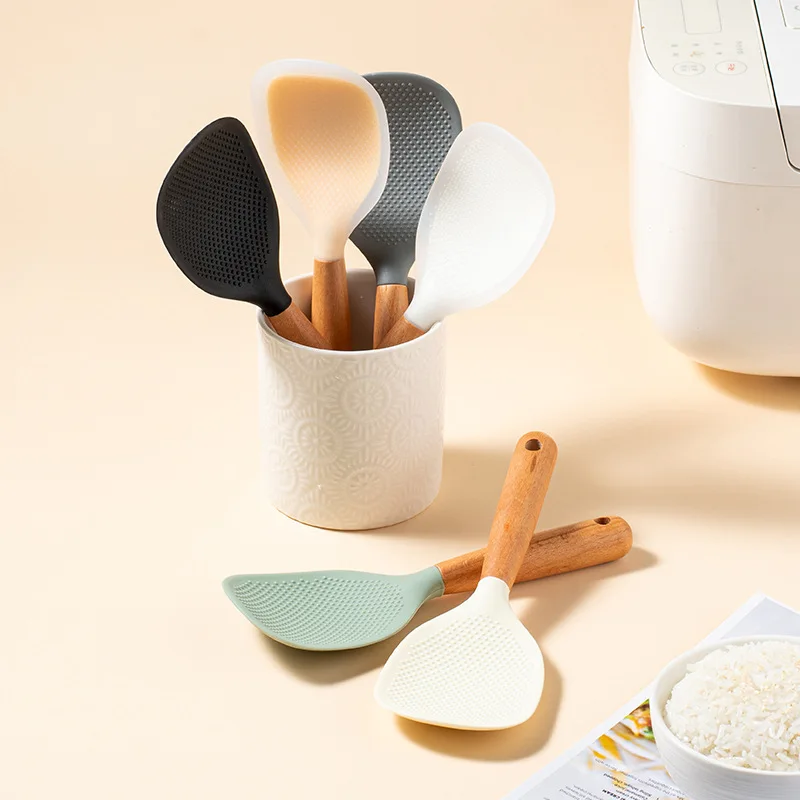 1PC Wooden Handle Silicone Rice Spoon Household Rice Cooker Spoon High Temperature Resistant Non Stick Spoon
