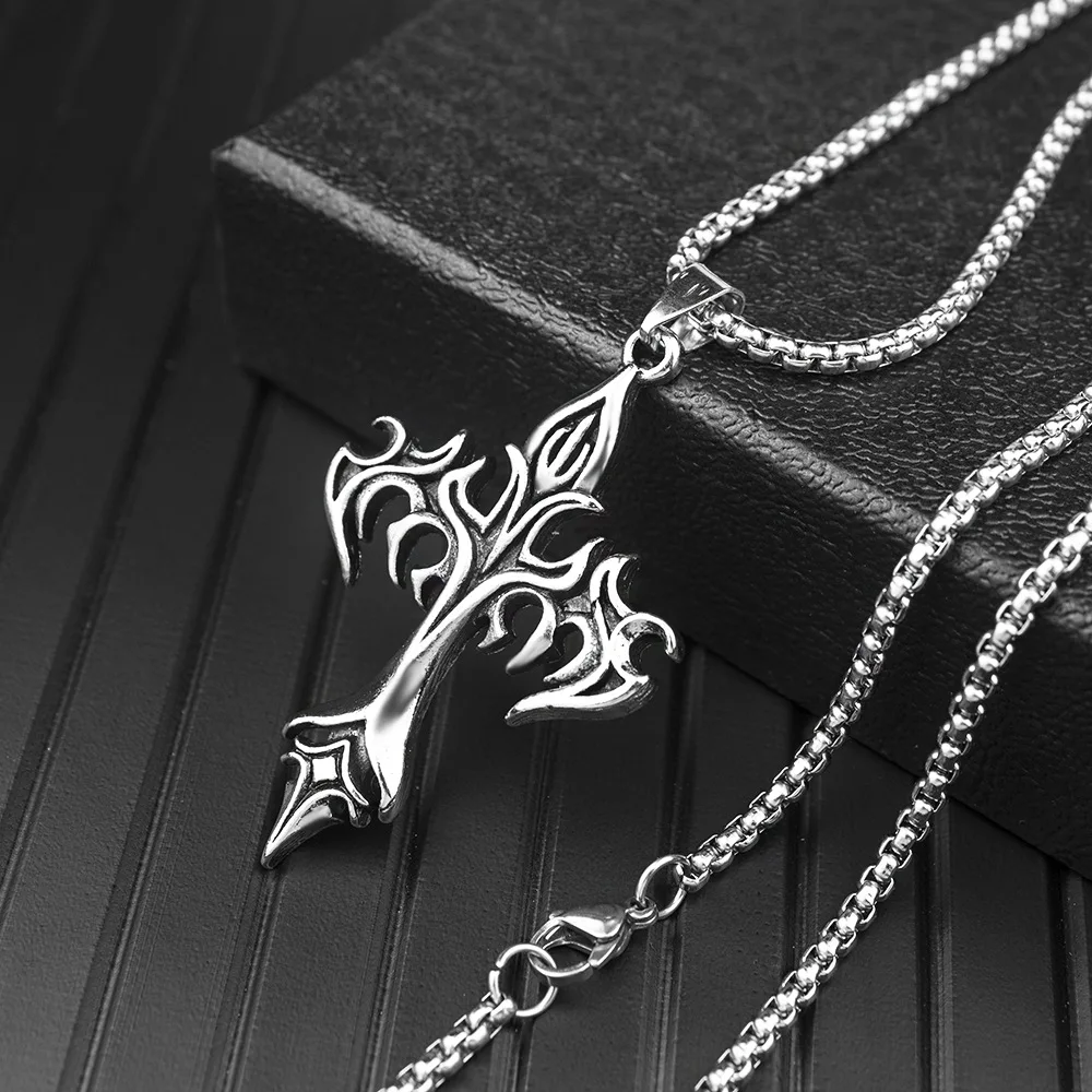 Cross Pendant Necklace Stainless Steel Flame Cross Pendant Goth Necklaces Gift for Women Men