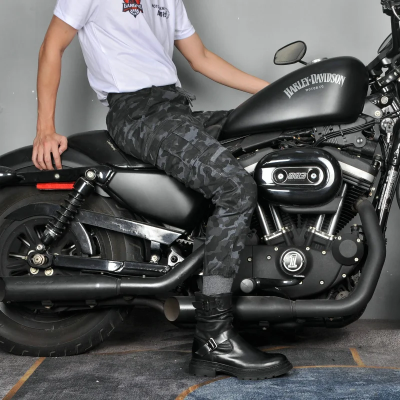 남성용 오토바이 라이딩 팬츠 안티폴 진 카모플라주 리브드 커프스 멀티 포켓 바이커 워크 팬츠 내마모성 내찢김성