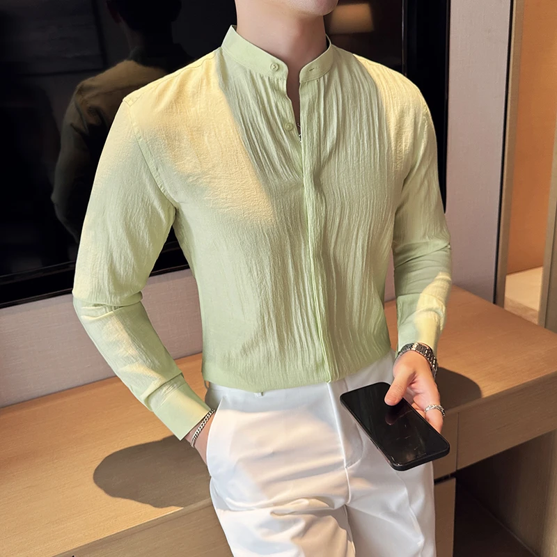 

Men's Summer High Quality Long Sleeve Shirts Male Slim Fit Business Station Collar Solid Color Office Dress Shirt 4XL-M