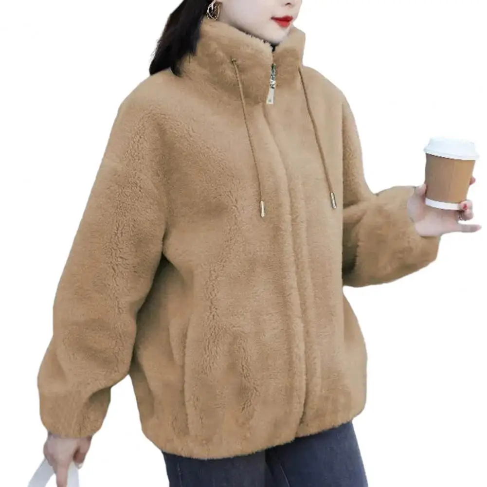 

Women Winter Solid Color Coat Stand Collar Drawstring Long Sleeve Plush Warm Cardigan Zipper Placket Pocket Fleece Outwear