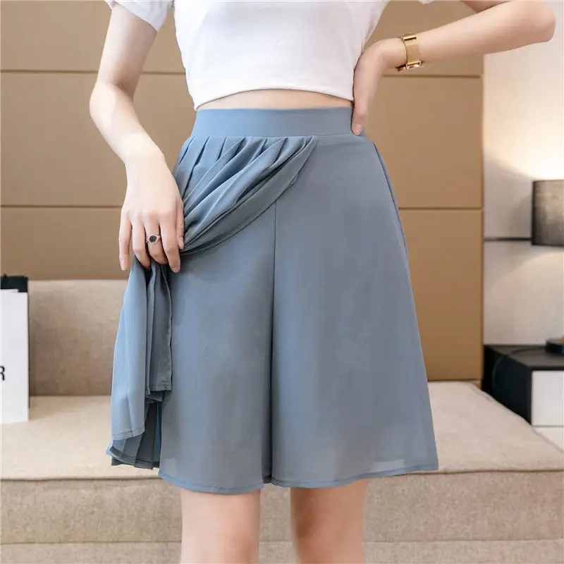 Skirt pants women 2024 summer new chiffon wide-leg casual loose thin fashion exposure-proof shorts.