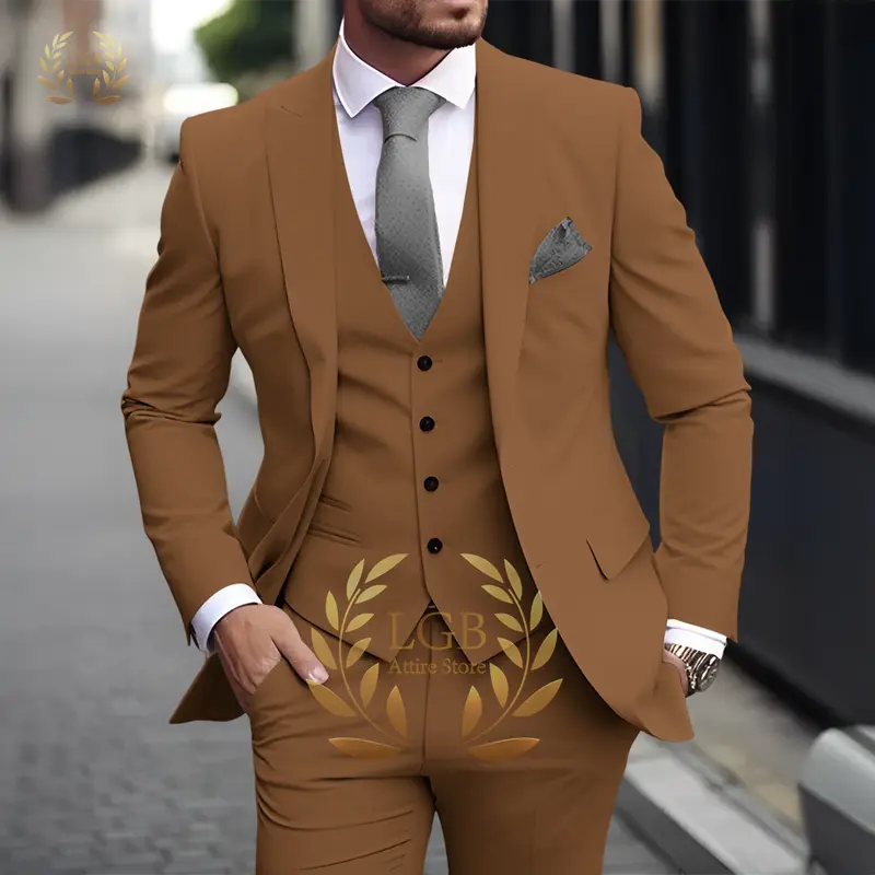 Men's Khaki 3-Piece Suit Classic Peak Lapel Business Formal Wedding Groom Slim Fit Elegant Gentleman Style Fashion Blazer - Image 23