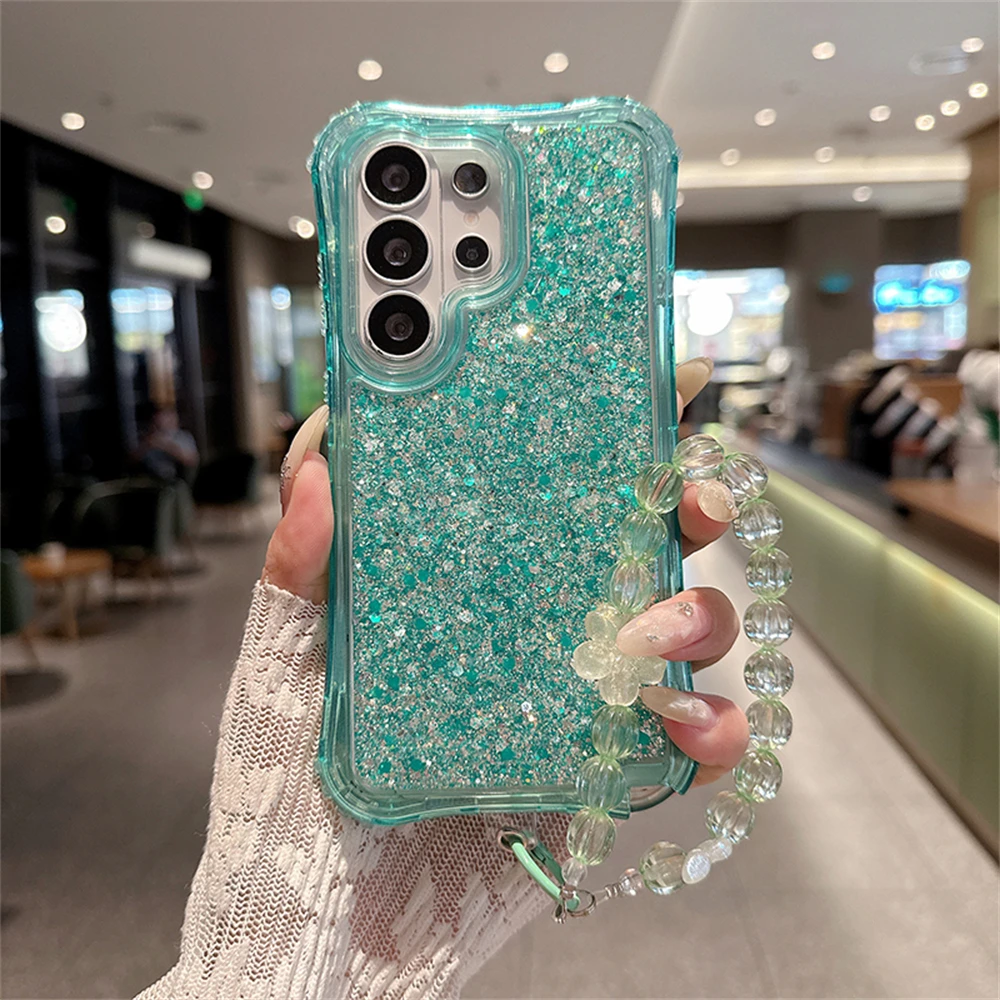 Luxury 3-in-1 Bling Glitter Shockproof Phone Case with Lens Protection and Lanyard