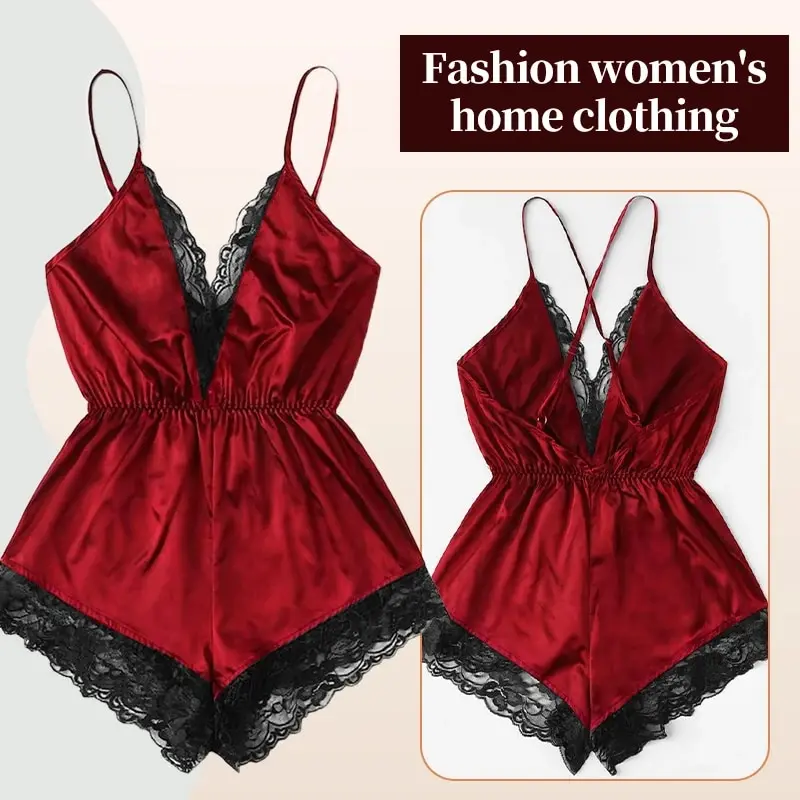 Women Suspender Pajamas Summer V-Neck Sexy Lace Patchwork Integrated Backless