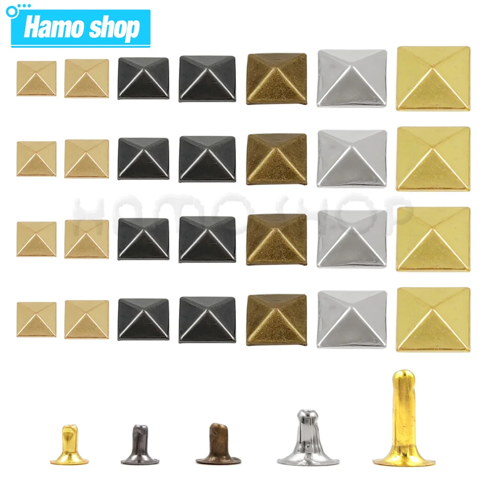 

100sets 6-12mm Metal Square Rivet Pyramid Cap Rivets Studs for Leather Craft Bag Belt Clothing Garment Shoes Pet Accessories