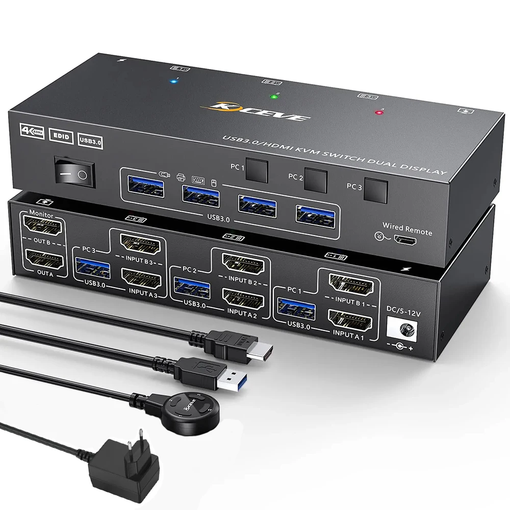 Перемикач HDMI KVM 2 монітори 3 комп’ютери 4K@60Hz, моделювання EDID, перемикач KVM подвійного монітора 4K для 3 комп’ютерів до 2 дисплеїв