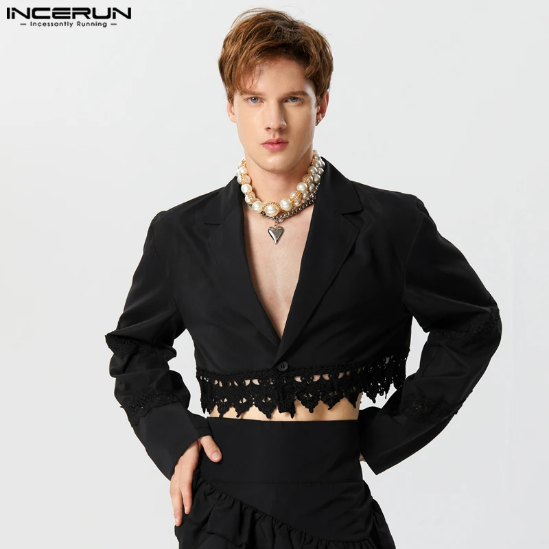 

INCERUN Men Blazer Lace Patchwork Lapel Long Sleeve Streetwear Male Suits Autumn 2023 One Button Fashion Casual Crop Coats S-5XL