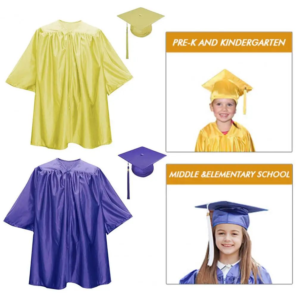 

Bachelor Gown Cap Set Children's Kindergarten Graduation Robe Cap Set with Front Zipper Tassel Year Tag Loose Fit Unisex Pupil