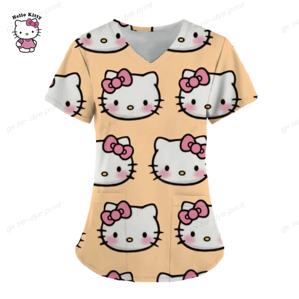 Ropa de mujer, camisetas de verano, camisetas de Hello Kitty, camisetas con cuello en V, camisetas con bolsillos, uniformes de enfermera, camisetas de hospital, camisetas para mujer 2023
