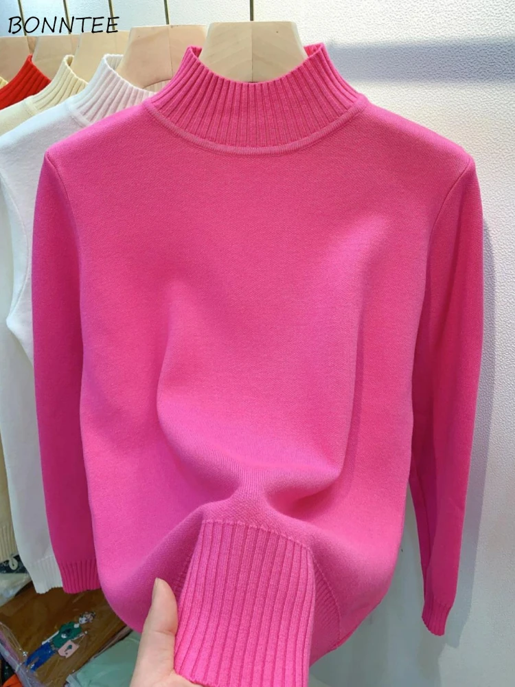 

Women Half High Collar Sweaters Pullovers Spring Autumn Minimalist Thin 9 Colors Knitwear Basic Fashion Ladies Casual Daily Knit
